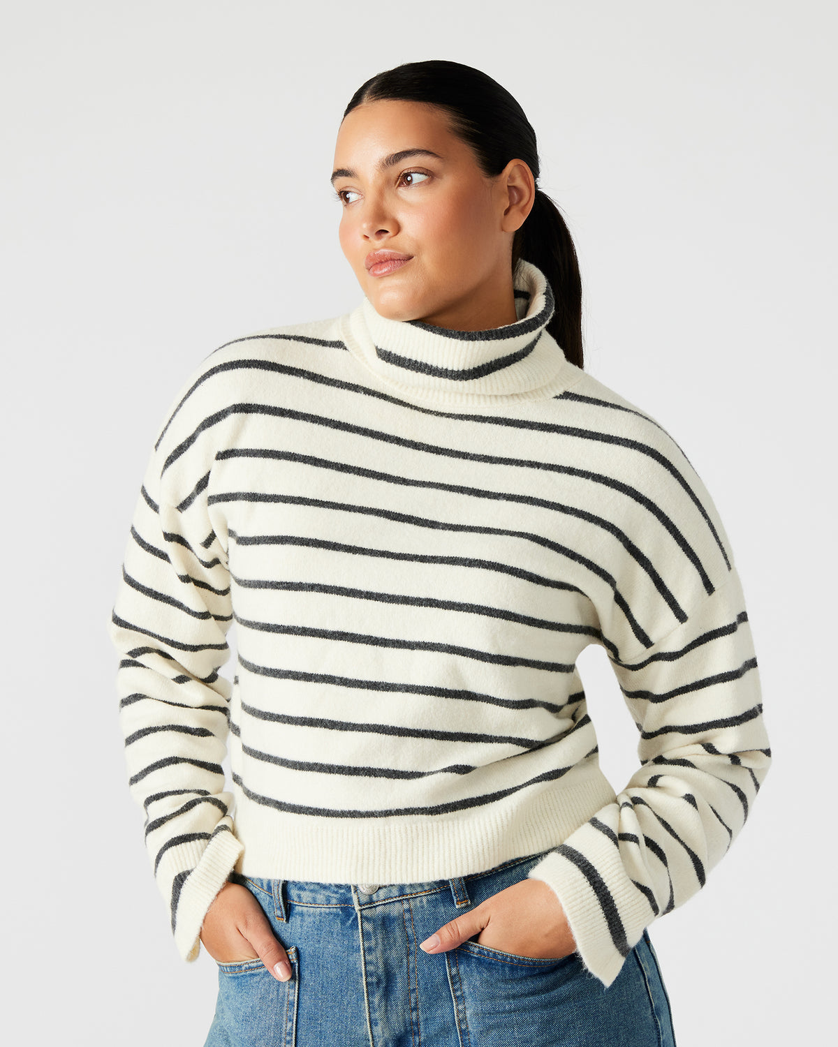 NARSHA Black/White Women's Turtleneck Stripe Sweater | Steve Madden Popular