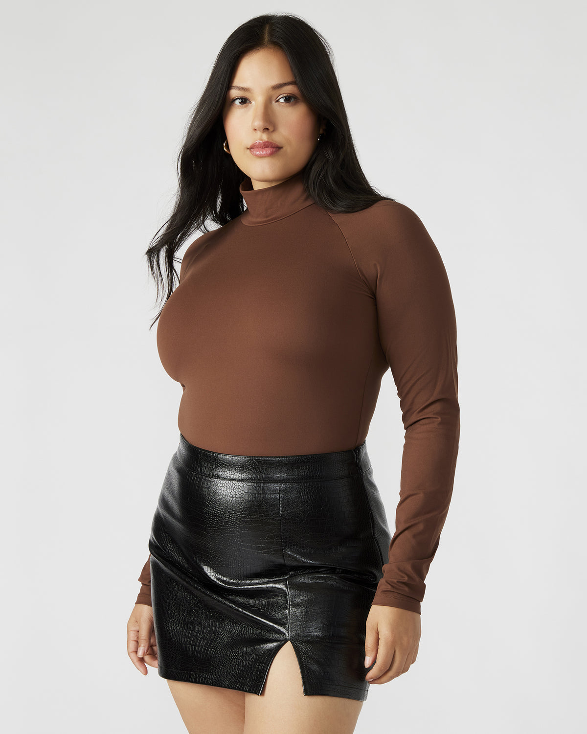 NELLE Bodysuit Brown | Women's Mock Neck Stretch Bodysuit | Steve Madden Best Seller