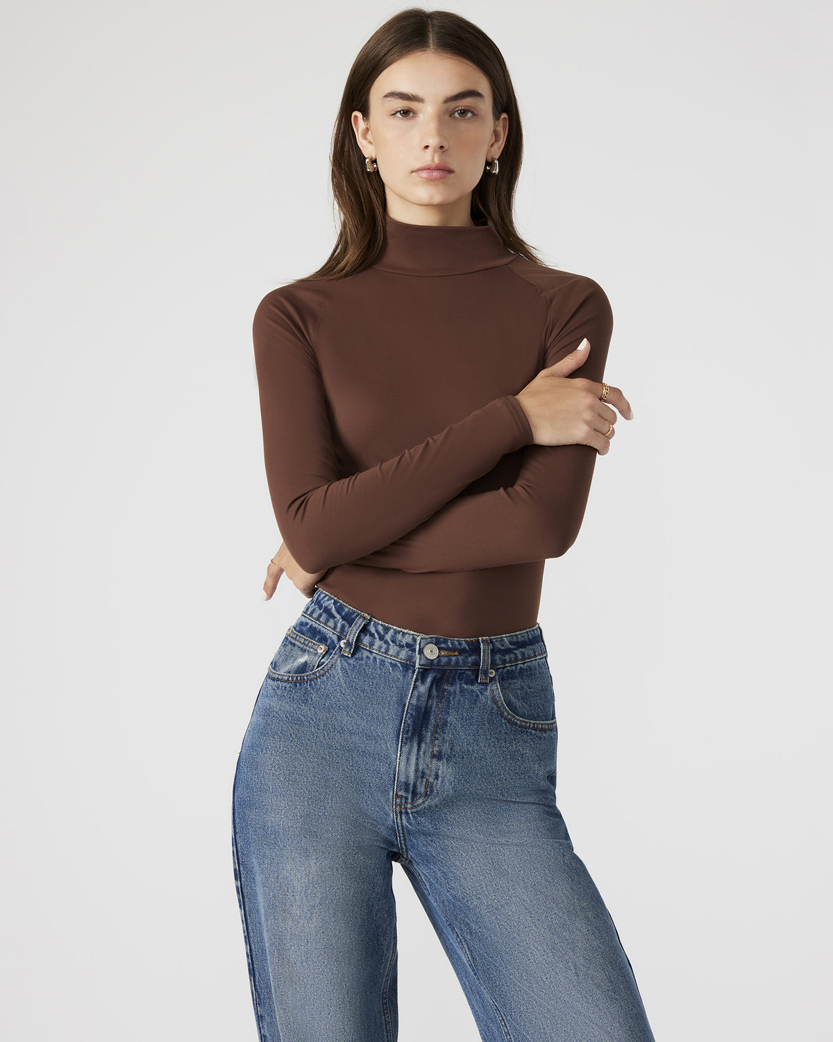 NELLE Bodysuit Brown | Women's Mock Neck Stretch Bodysuit | Steve Madden Best Seller