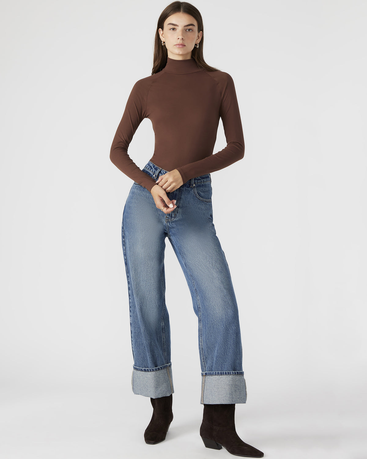 NELLE Bodysuit Brown | Women's Mock Neck Stretch Bodysuit | Steve Madden Best Seller