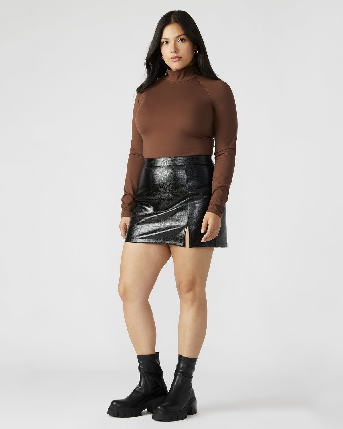 NELLE Bodysuit Brown | Women's Mock Neck Stretch Bodysuit | Steve Madden Best Seller