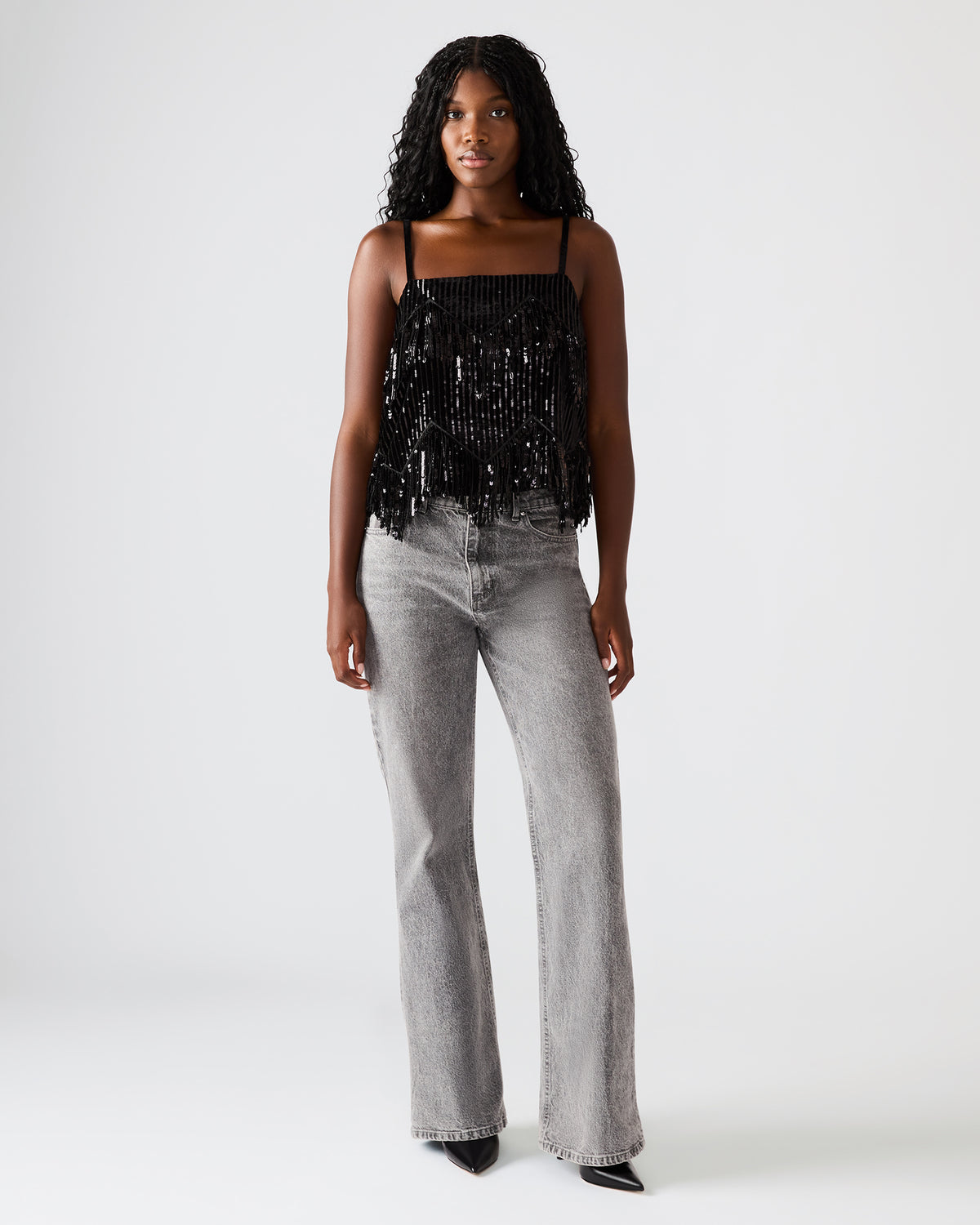 BLAKELYN Sequin Black Fringe Embellished Women's Top | Steve Madden Quality
