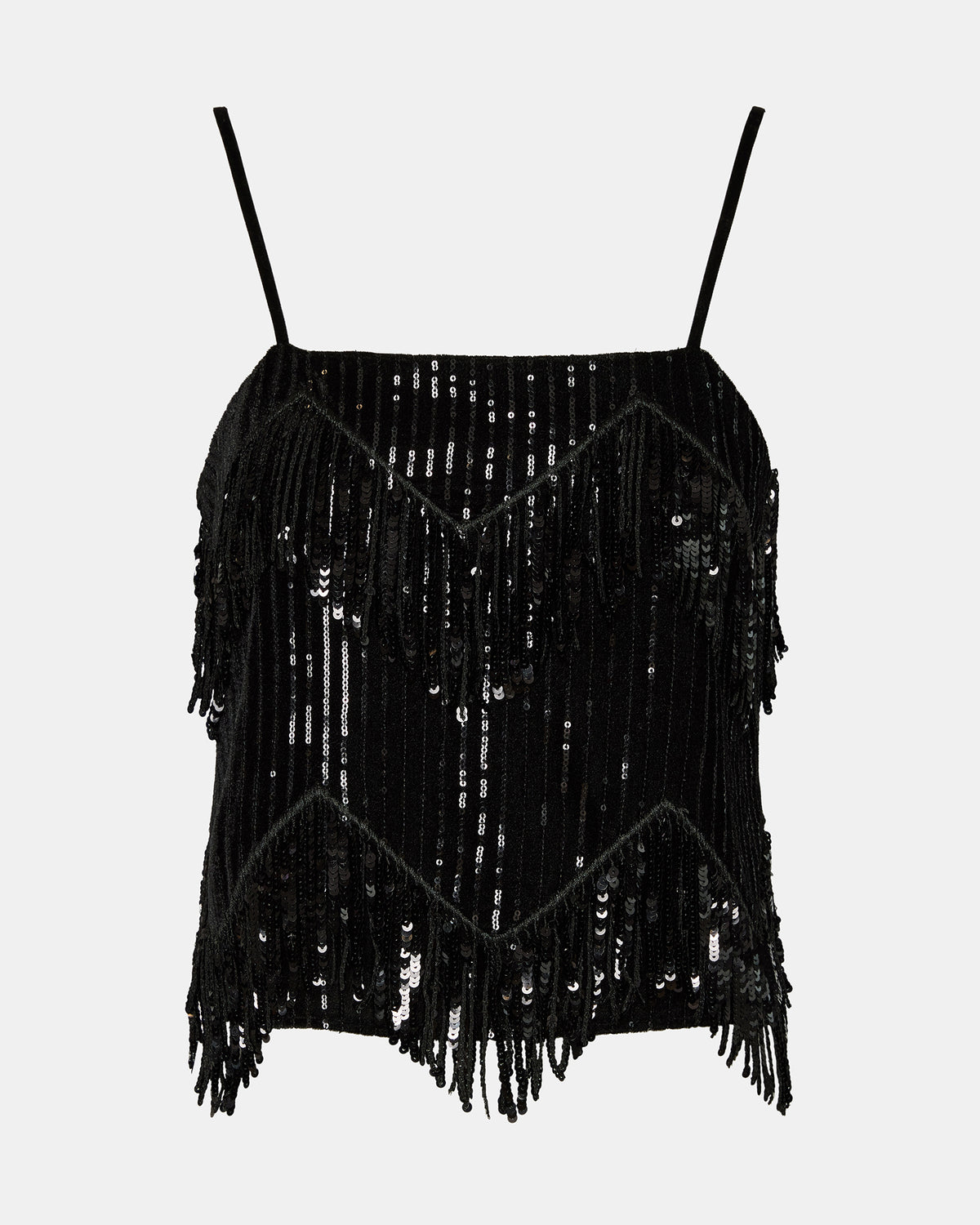 BLAKELYN Sequin Black Fringe Embellished Women's Top | Steve Madden Quality