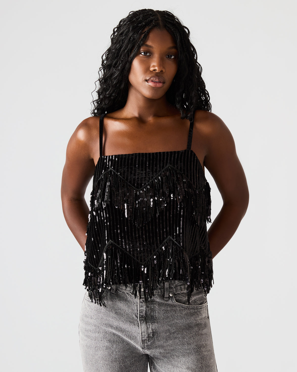 BLAKELYN Sequin Black Fringe Embellished Women's Top | Steve Madden Quality