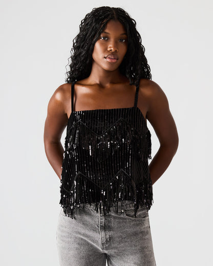 BLAKELYN Sequin Black Fringe Embellished Women's Top | Steve Madden Quality