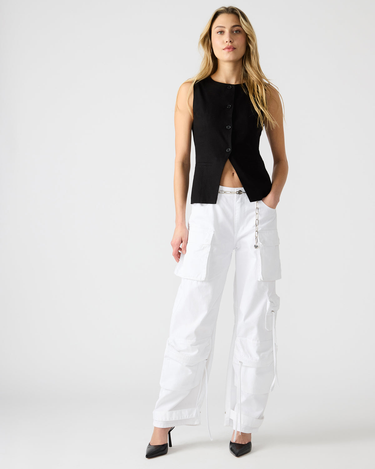 WESLEY Top Black Button-Up Vest Top | Steve Madden Top Pick