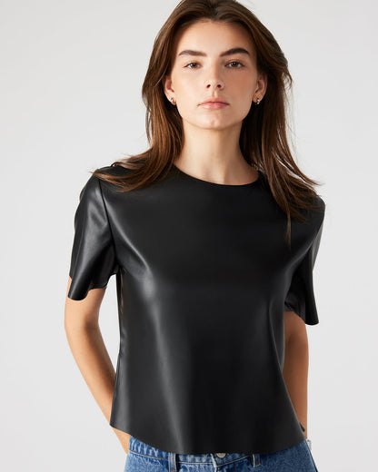 EZRA Black Women's Short Sleeve Faux Leather Top | Steve Madden Quality
