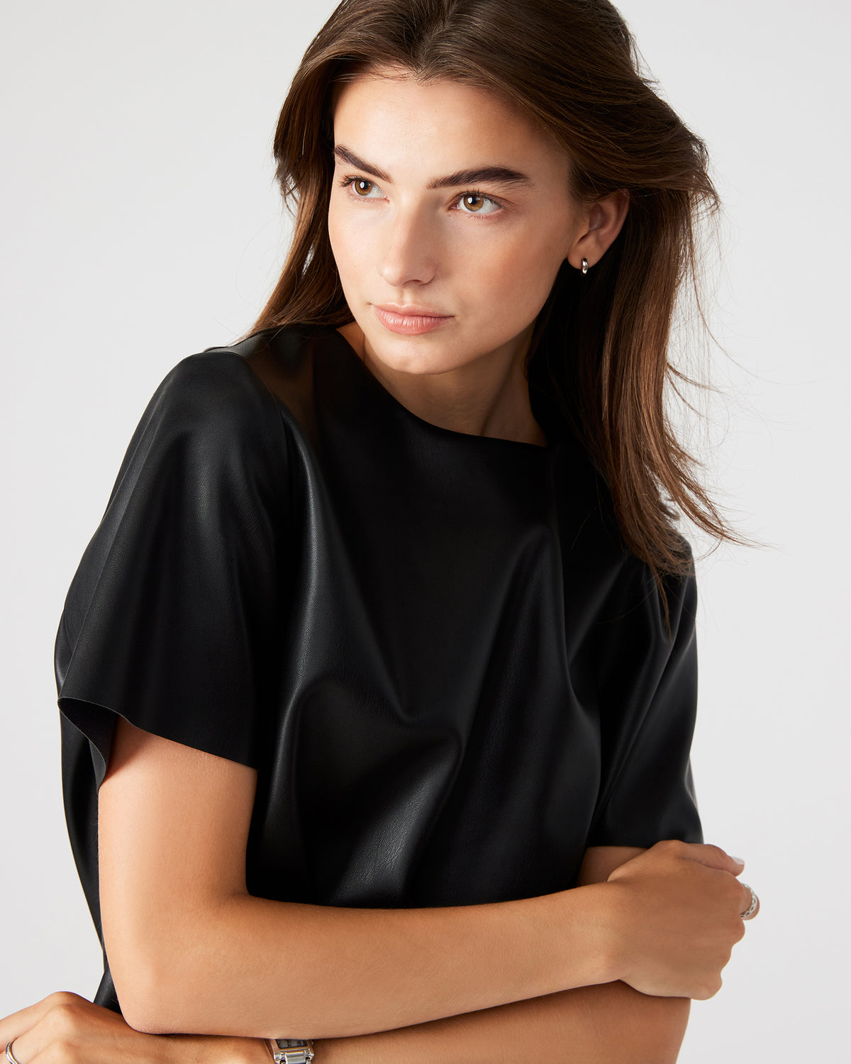 EZRA Black Women's Short Sleeve Faux Leather Top | Steve Madden Quality