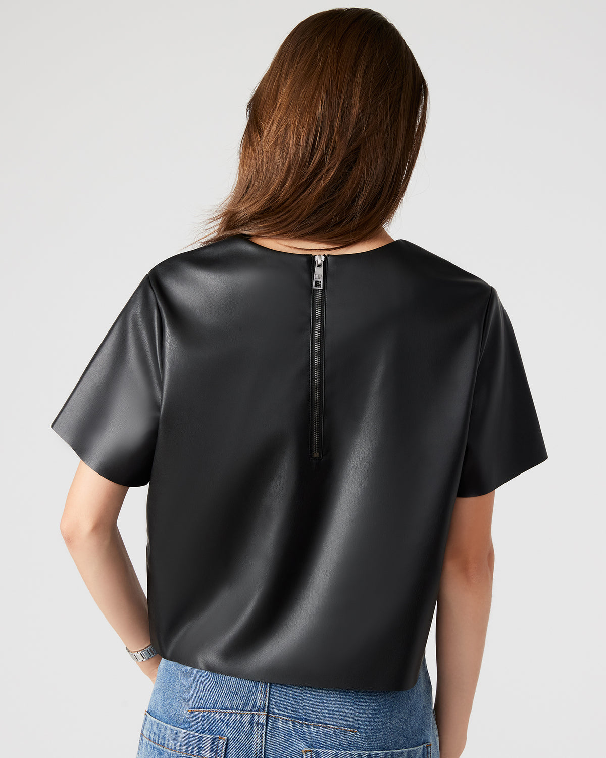 EZRA Black Women's Short Sleeve Faux Leather Top | Steve Madden Quality