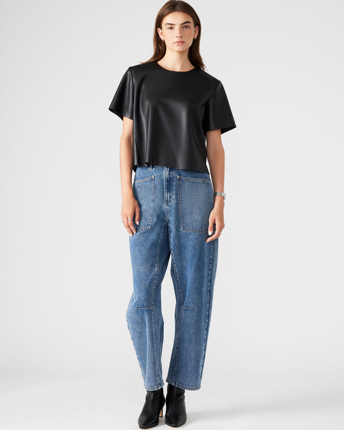 EZRA Black Women's Short Sleeve Faux Leather Top | Steve Madden Quality