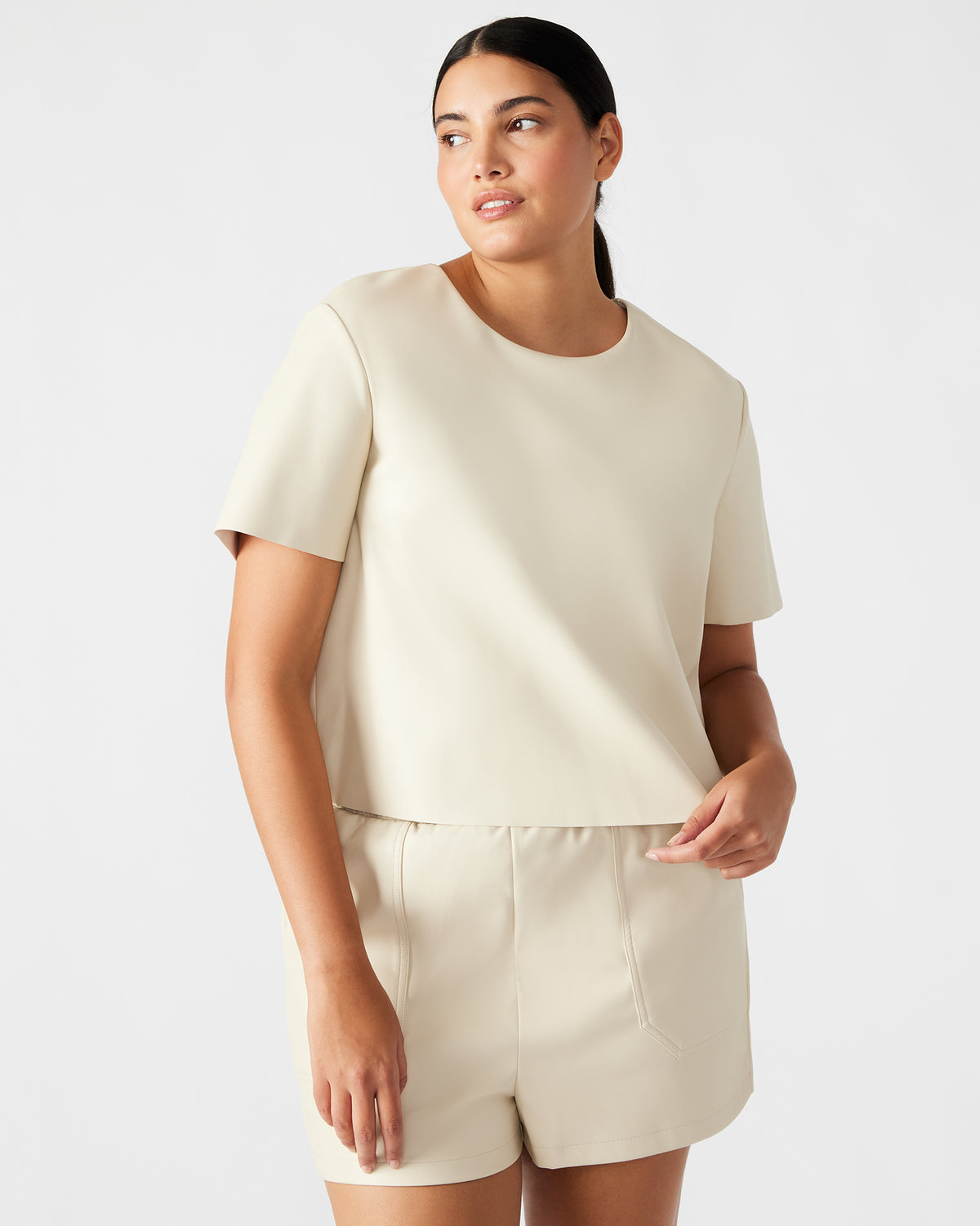 EZRA Bone Women's Short Sleeve Faux Leather Top | Steve Madden Signature