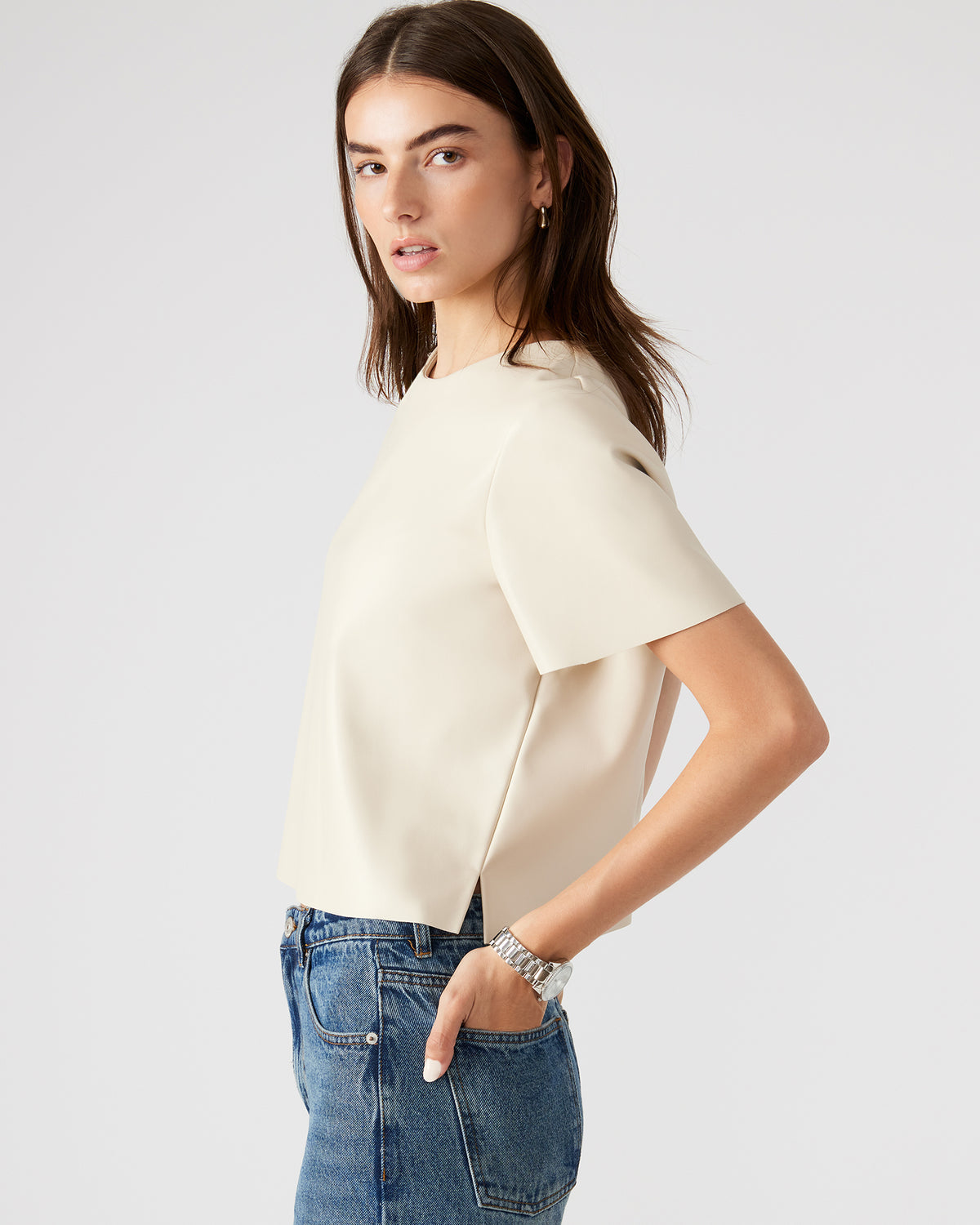 EZRA Bone Women's Short Sleeve Faux Leather Top | Steve Madden Signature