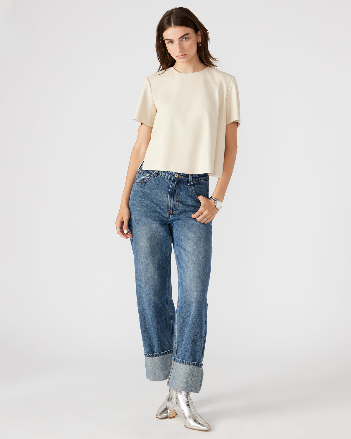 EZRA Bone Women's Short Sleeve Faux Leather Top | Steve Madden Signature