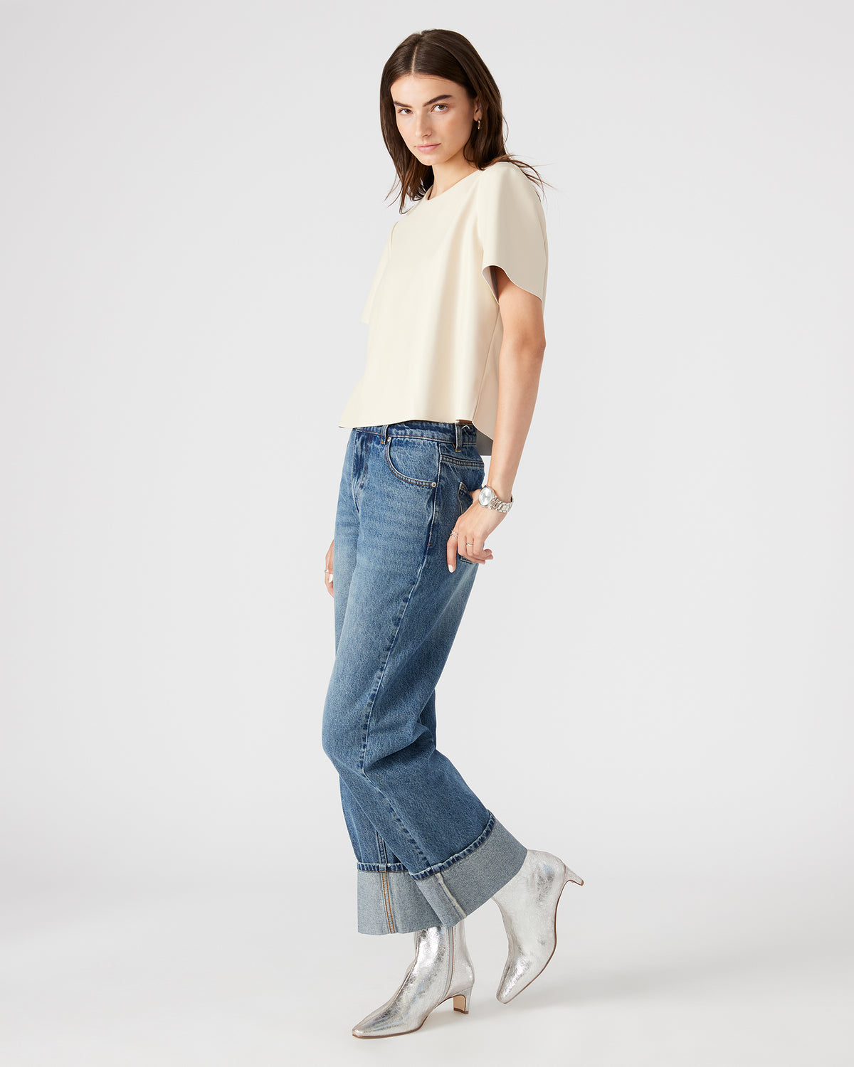 EZRA Bone Women's Short Sleeve Faux Leather Top | Steve Madden Signature