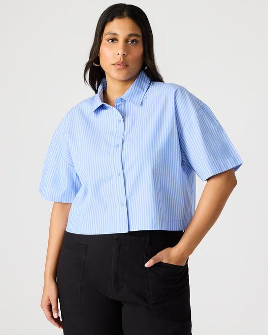 TULA Blue/White Women's Collared Button-Up Pinstripe Top | Steve Madden Trending