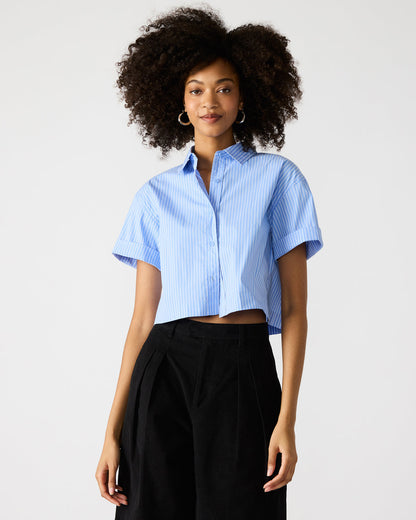 TULA Blue/White Women's Collared Button-Up Pinstripe Top | Steve Madden Trending