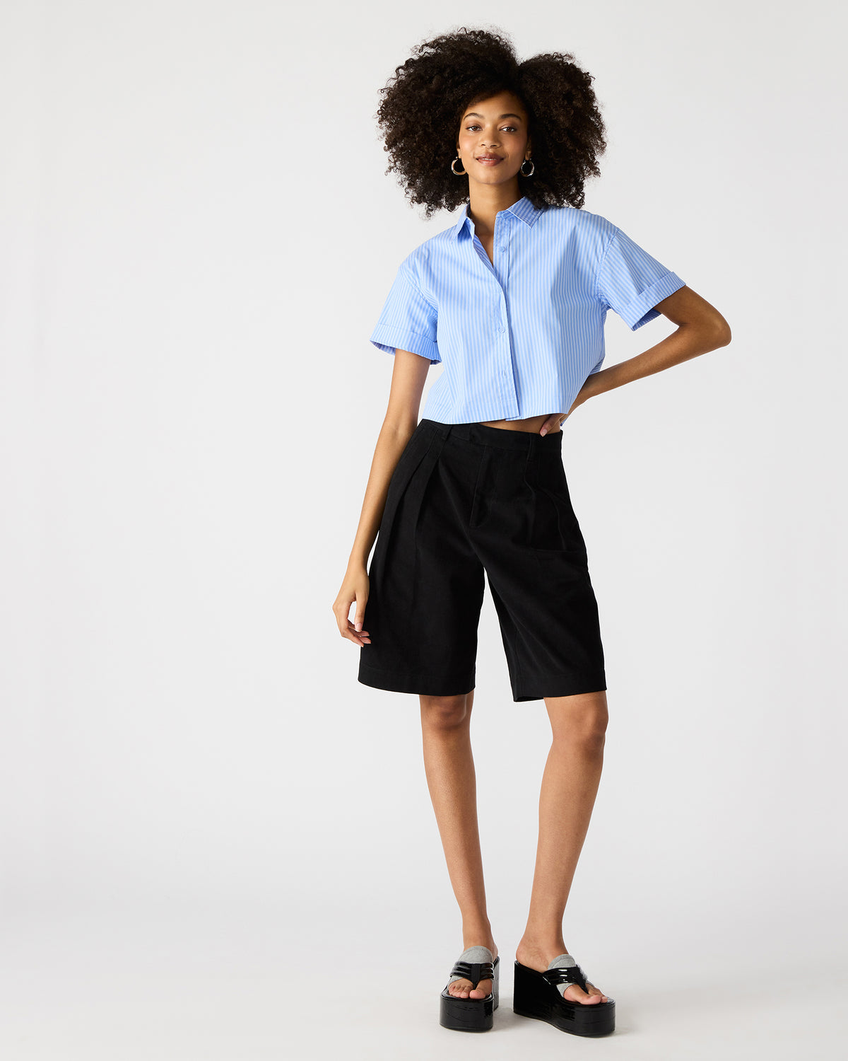 TULA Blue/White Women's Collared Button-Up Pinstripe Top | Steve Madden Trending