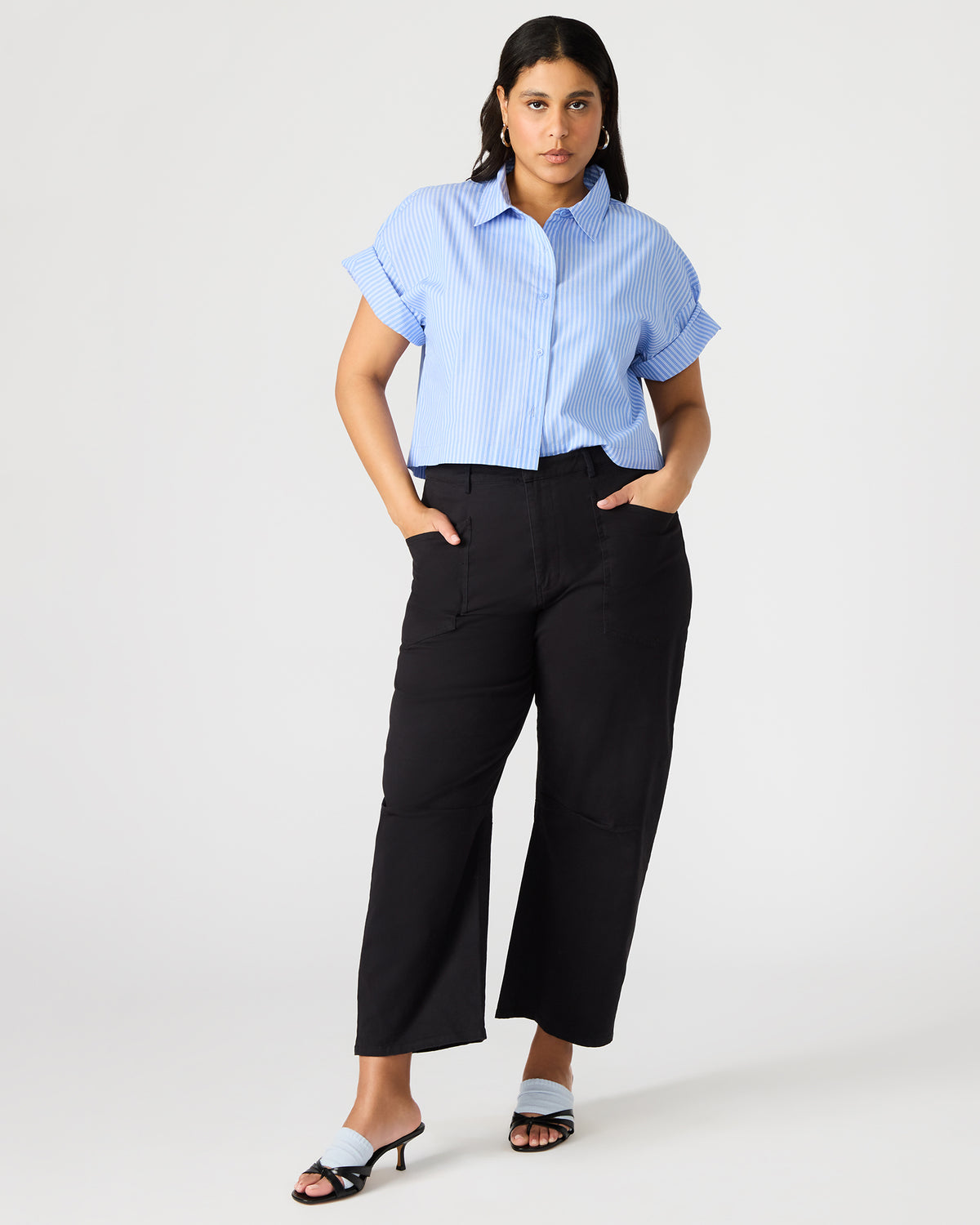 TULA Blue/White Women's Collared Button-Up Pinstripe Top | Steve Madden Trending