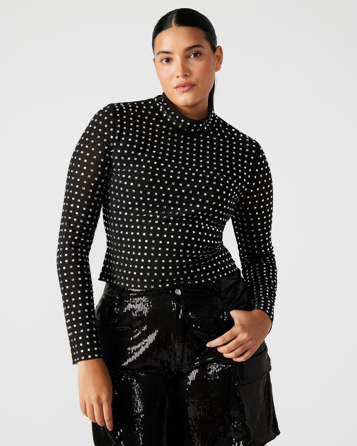 MELVINA Top Black | Women's Long-Sleeved Mesh Fabric Embellished Top | Steve Madden Sale