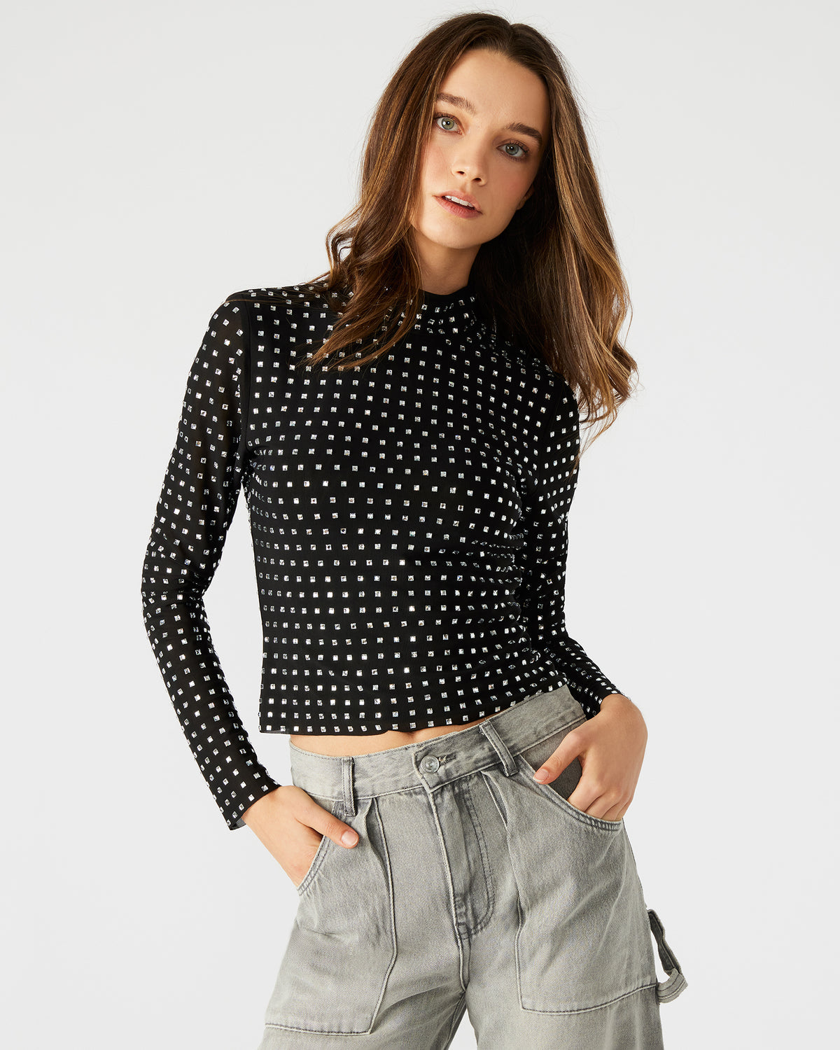 MELVINA Top Black | Women's Long-Sleeved Mesh Fabric Embellished Top | Steve Madden Sale
