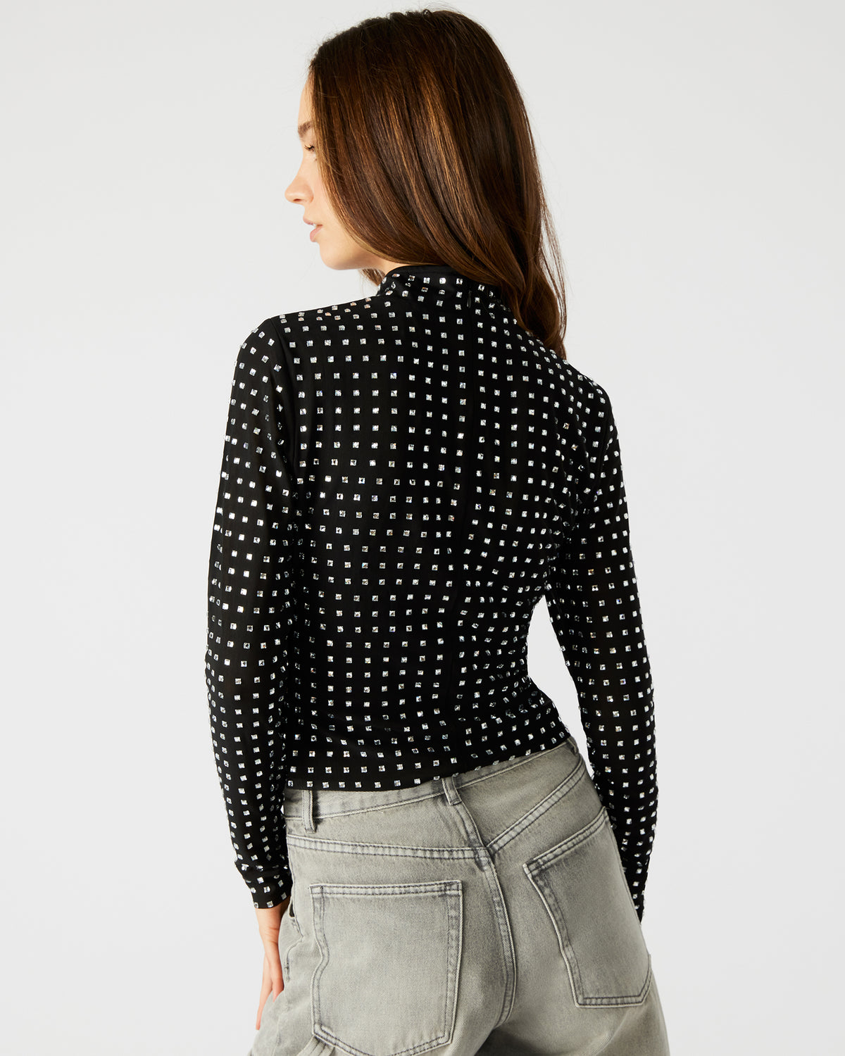 MELVINA Top Black | Women's Long-Sleeved Mesh Fabric Embellished Top | Steve Madden Sale