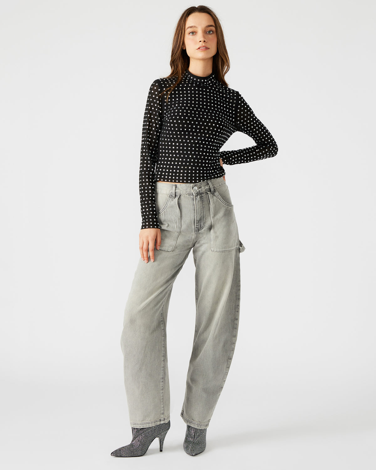 MELVINA Top Black | Women's Long-Sleeved Mesh Fabric Embellished Top | Steve Madden Sale