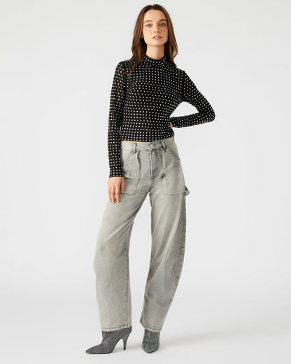 MELVINA Top Black | Women's Long-Sleeved Mesh Fabric Embellished Top | Steve Madden Sale