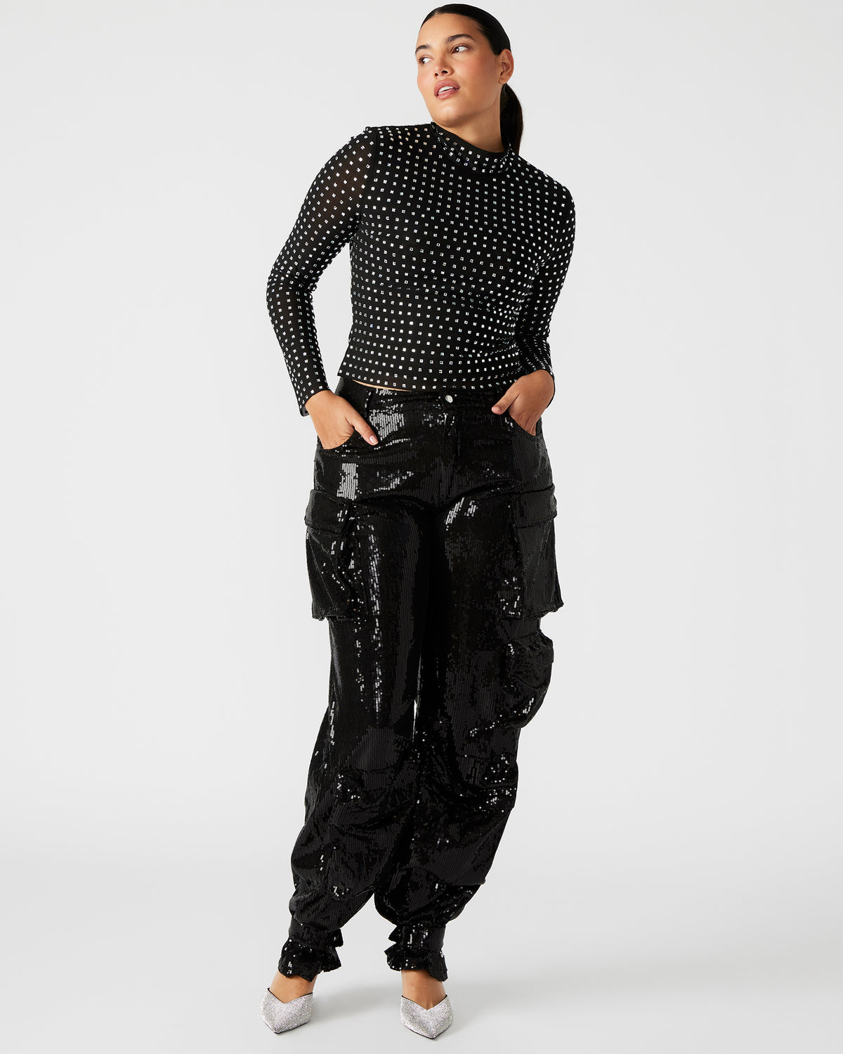 MELVINA Top Black | Women's Long-Sleeved Mesh Fabric Embellished Top | Steve Madden Sale