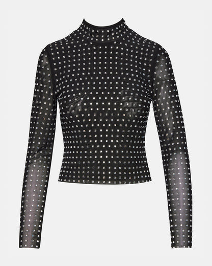 MELVINA Top Black | Women's Long-Sleeved Mesh Fabric Embellished Top | Steve Madden Sale