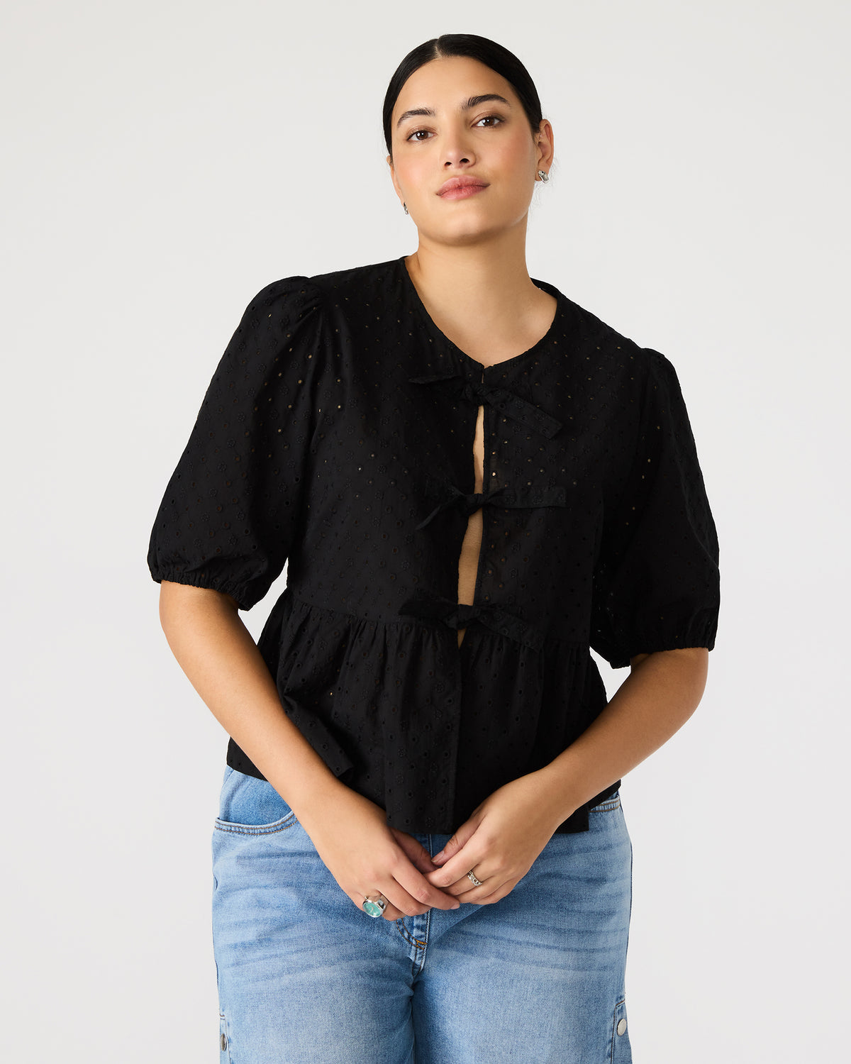PAULA Top Black Short-Sleeved Tie-Front Eyelet Top | Steve Madden Great Value