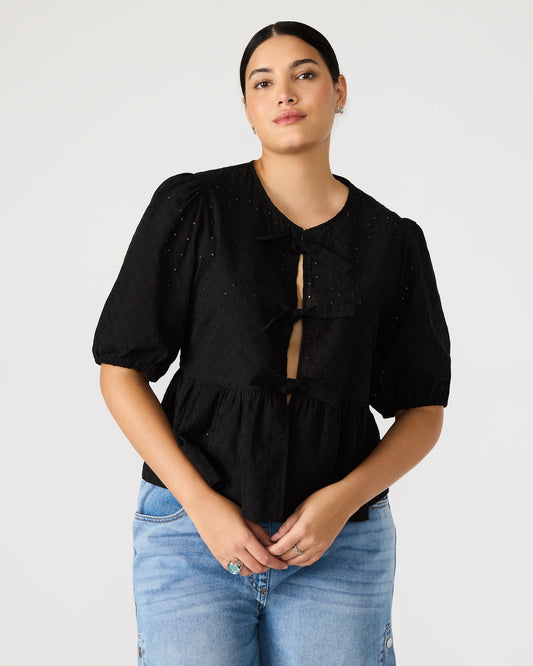 PAULA Top Black Short-Sleeved Tie-Front Eyelet Top | Steve Madden Great Value