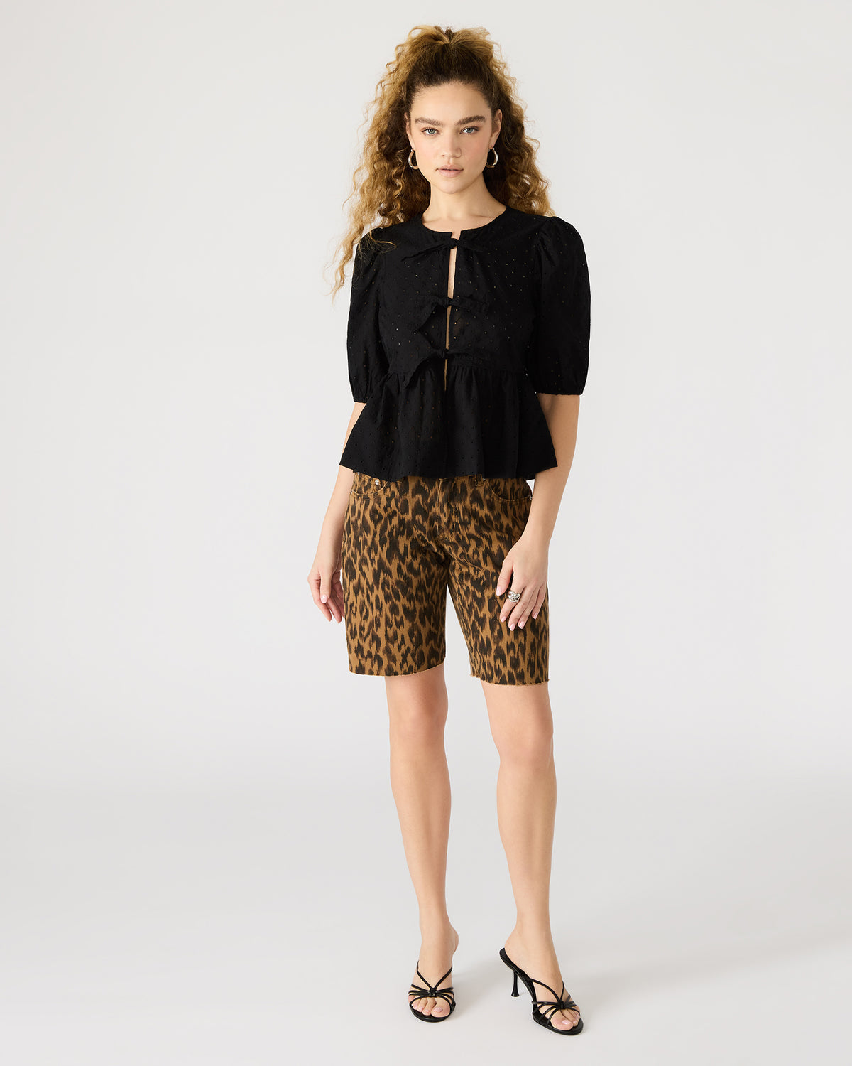 PAULA Top Black Short-Sleeved Tie-Front Eyelet Top | Steve Madden Great Value