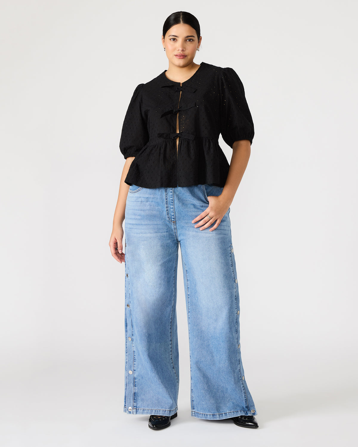 PAULA Top Black Short-Sleeved Tie-Front Eyelet Top | Steve Madden Great Value