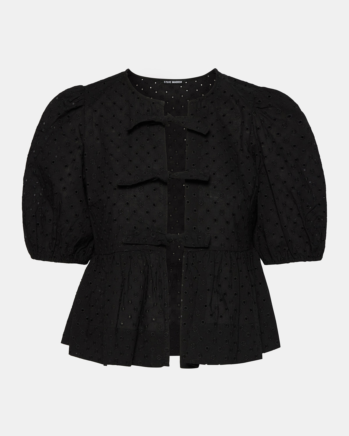 PAULA Top Black Short-Sleeved Tie-Front Eyelet Top | Steve Madden Great Value