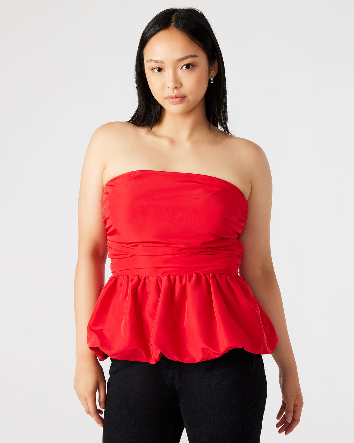 AMARI Top Red | Women's Bubble-Hem Taffeta Strapless Top | Steve Madden Special Offer