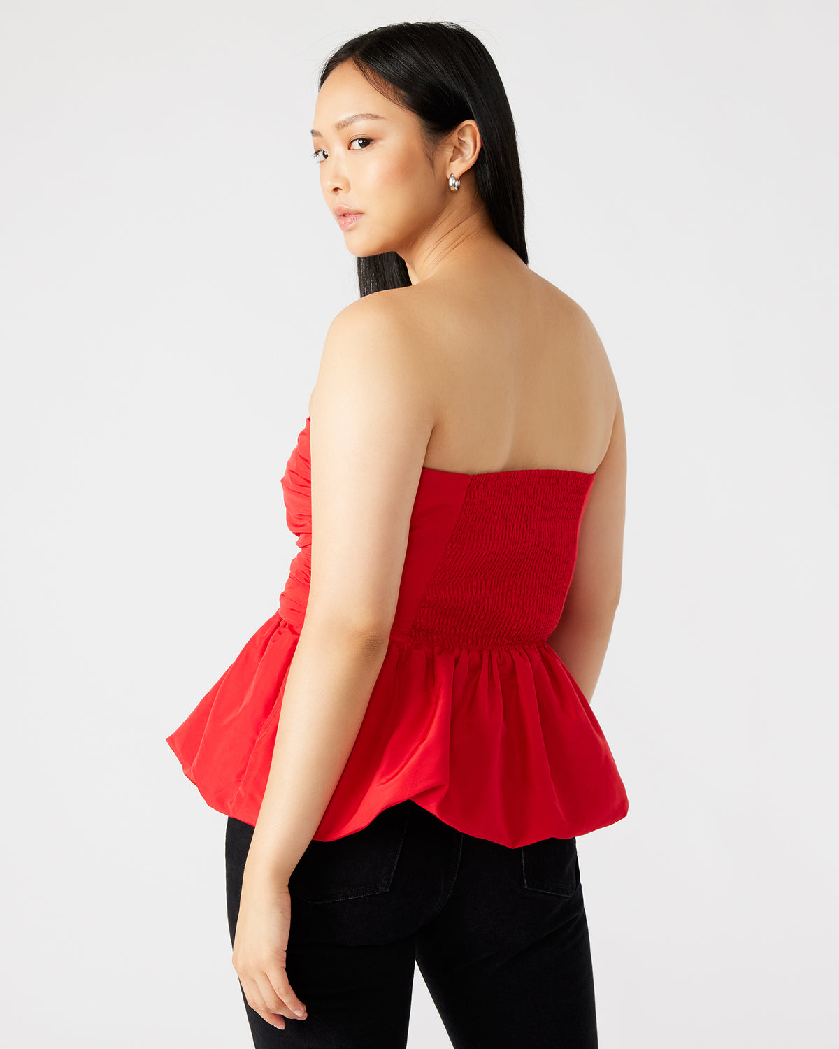 AMARI Top Red | Women's Bubble-Hem Taffeta Strapless Top | Steve Madden Special Offer