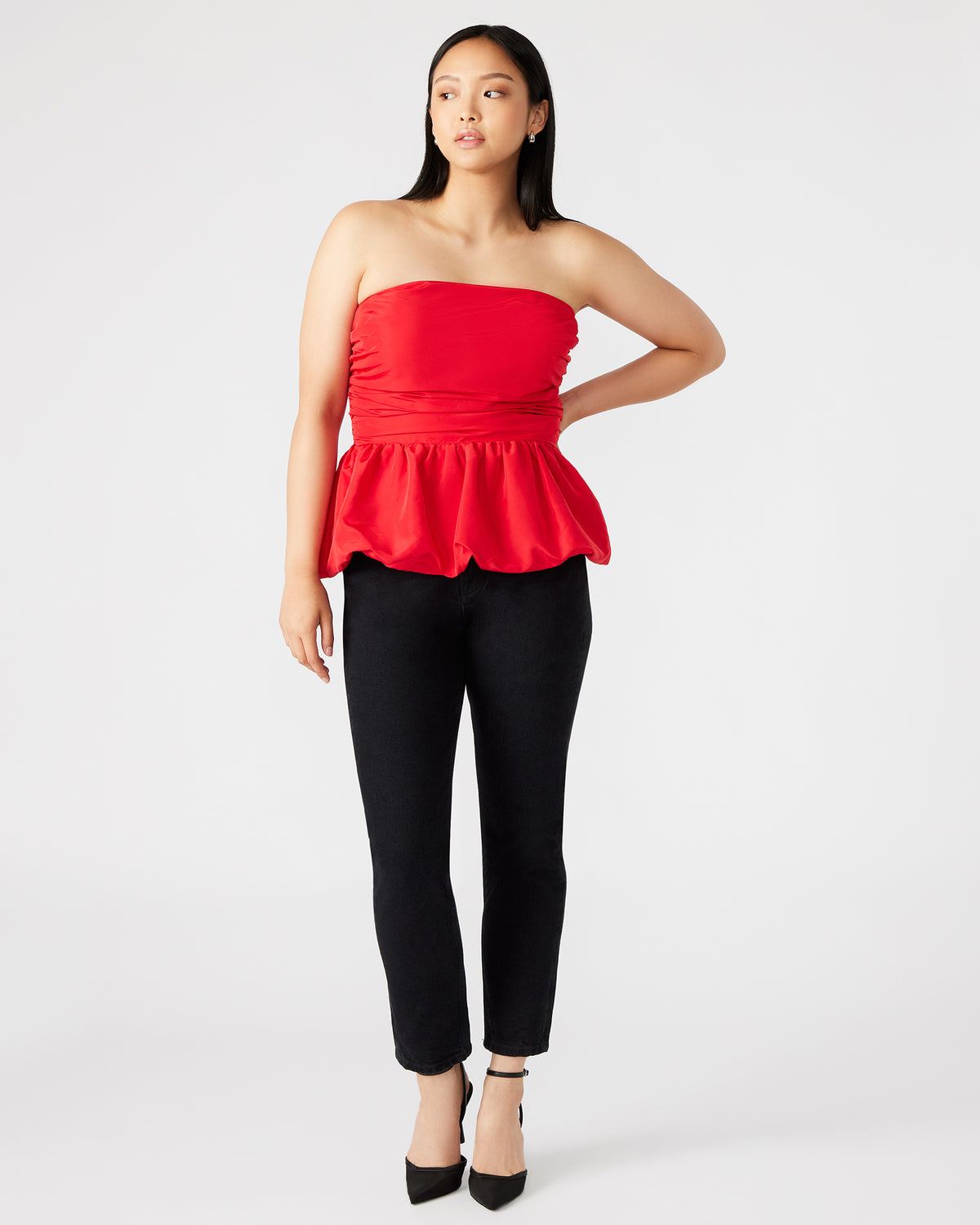 AMARI Top Red | Women's Bubble-Hem Taffeta Strapless Top | Steve Madden Special Offer