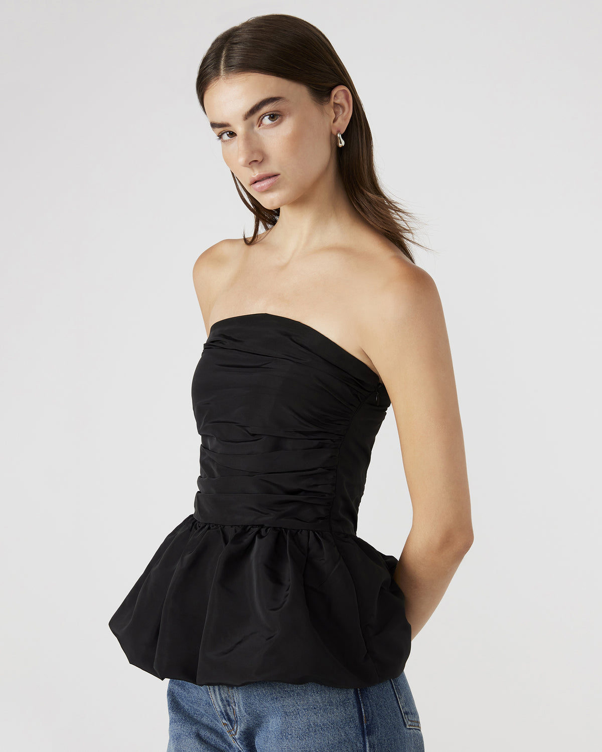 AMARI Top Black | Women's Bubble-Hem Taffeta Strapless Top | Steve Madden Top Pick