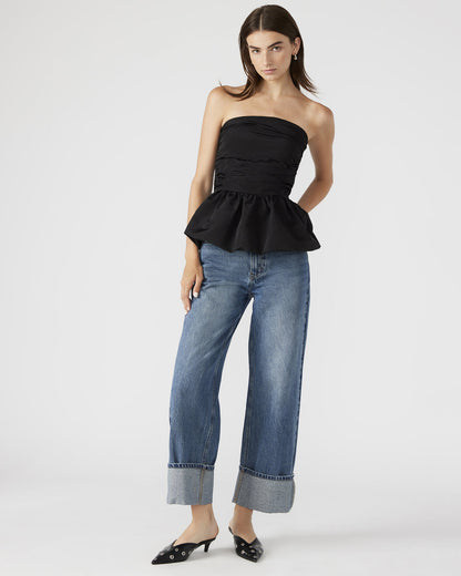 AMARI Top Black | Women's Bubble-Hem Taffeta Strapless Top | Steve Madden Top Pick