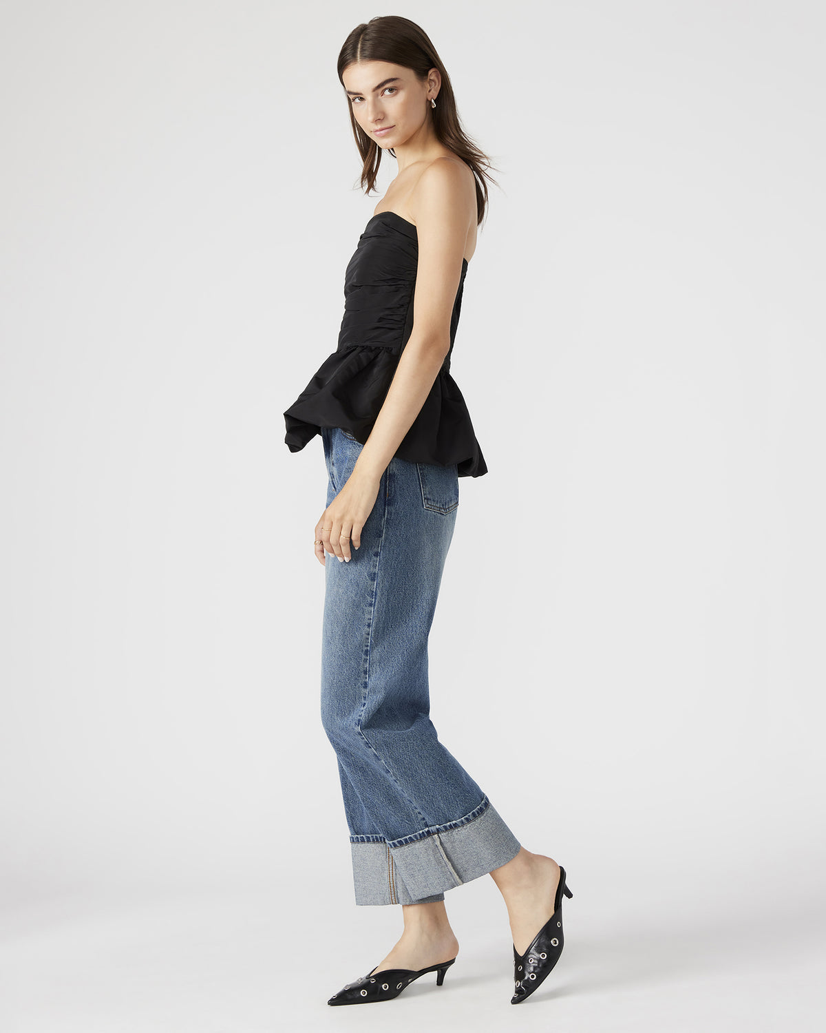 AMARI Top Black | Women's Bubble-Hem Taffeta Strapless Top | Steve Madden Top Pick