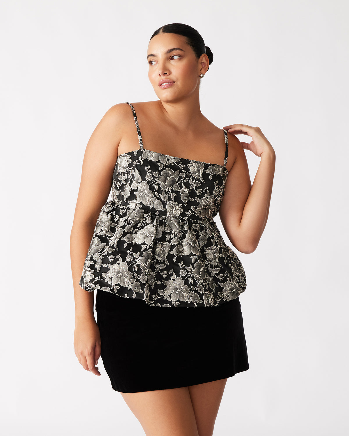 BODI Top Black Multi | Women's Bubble-Hem Taffeta Camisole Top | Steve Madden Trusted