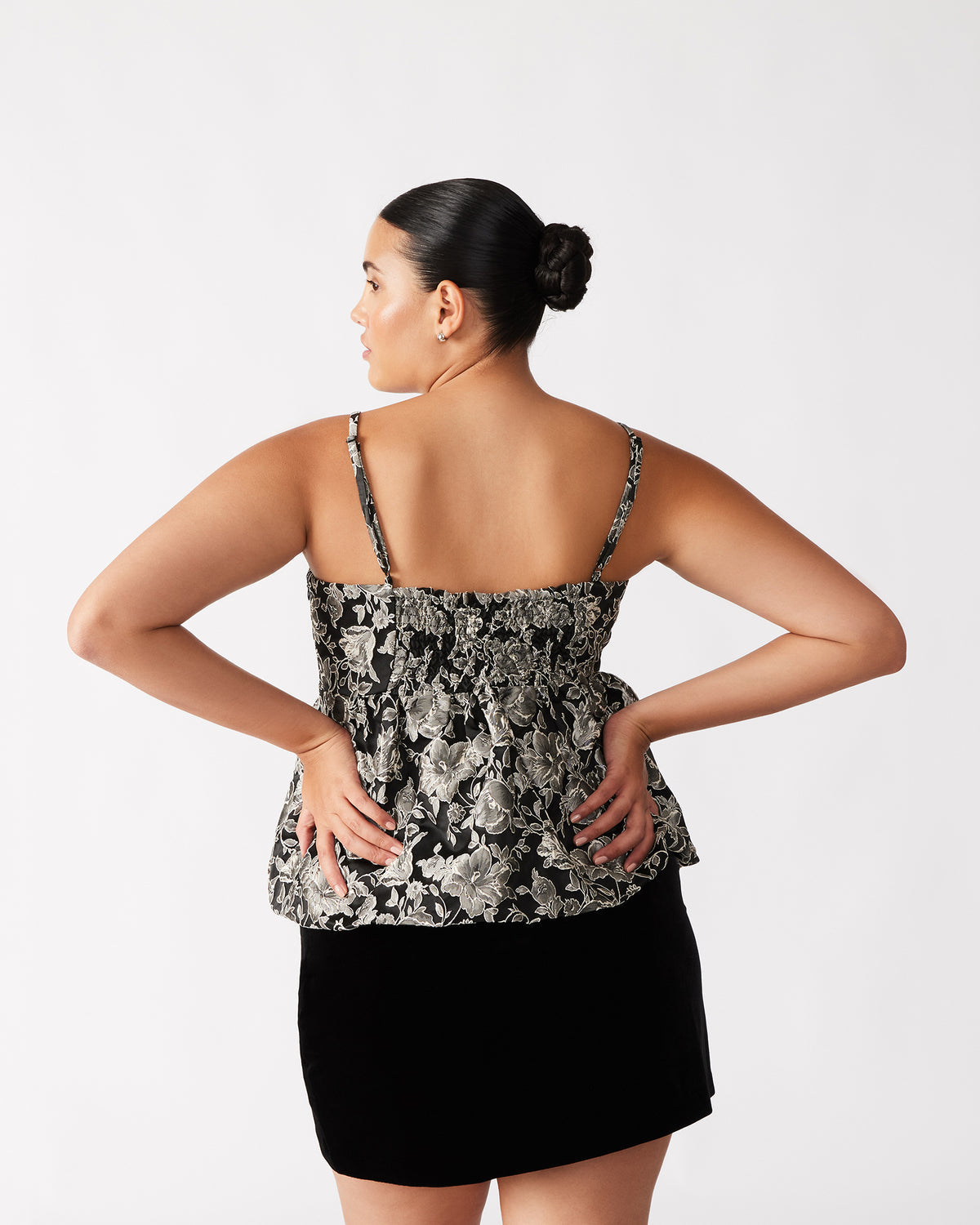 BODI Top Black Multi | Women's Bubble-Hem Taffeta Camisole Top | Steve Madden Trusted