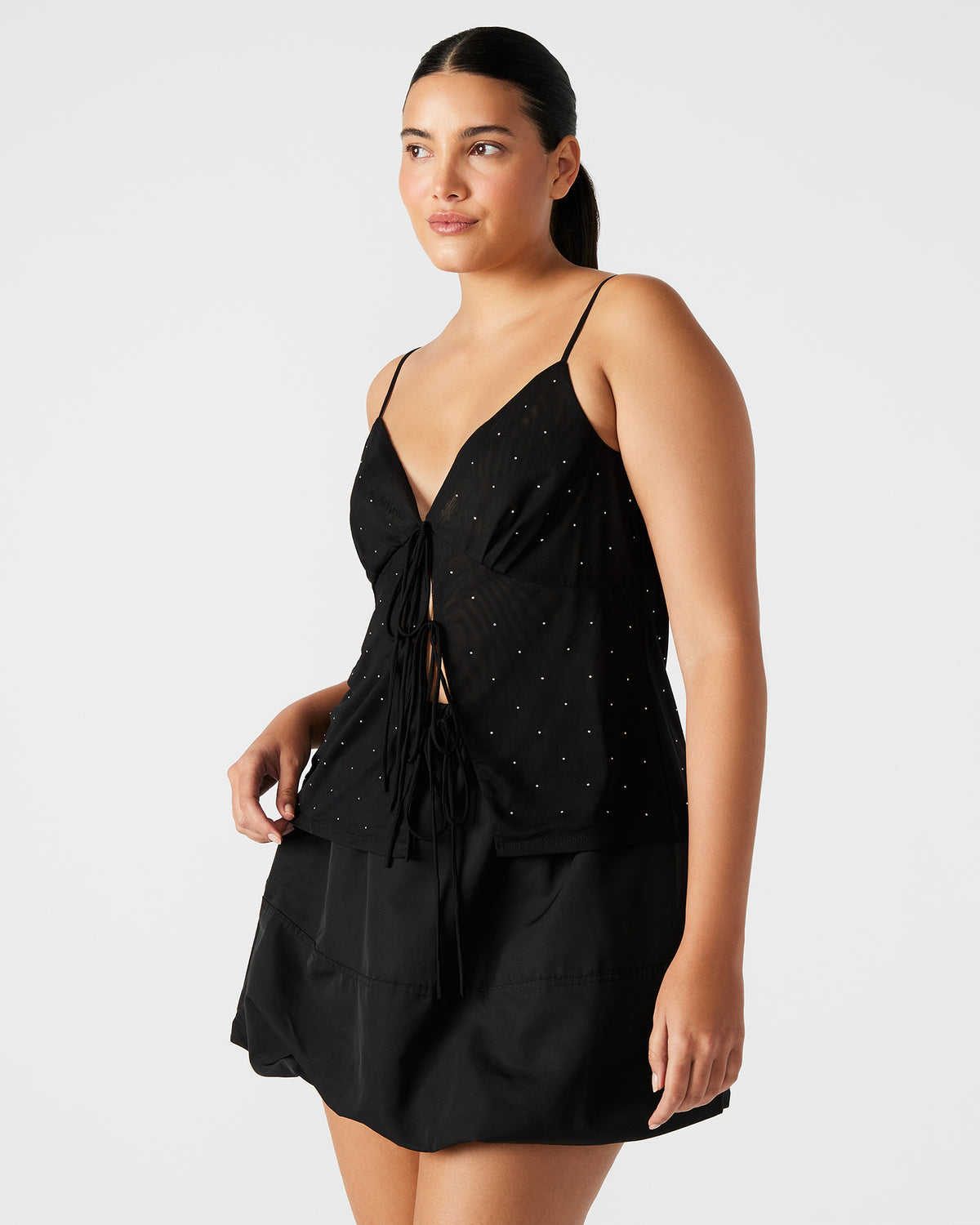INDY Top Black | Women's Tie Fastening Rhinestone Camisole Tank Top | Steve Madden Great Value