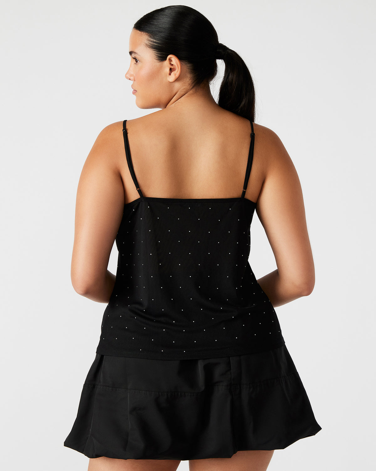 INDY Top Black | Women's Tie Fastening Rhinestone Camisole Tank Top | Steve Madden Great Value