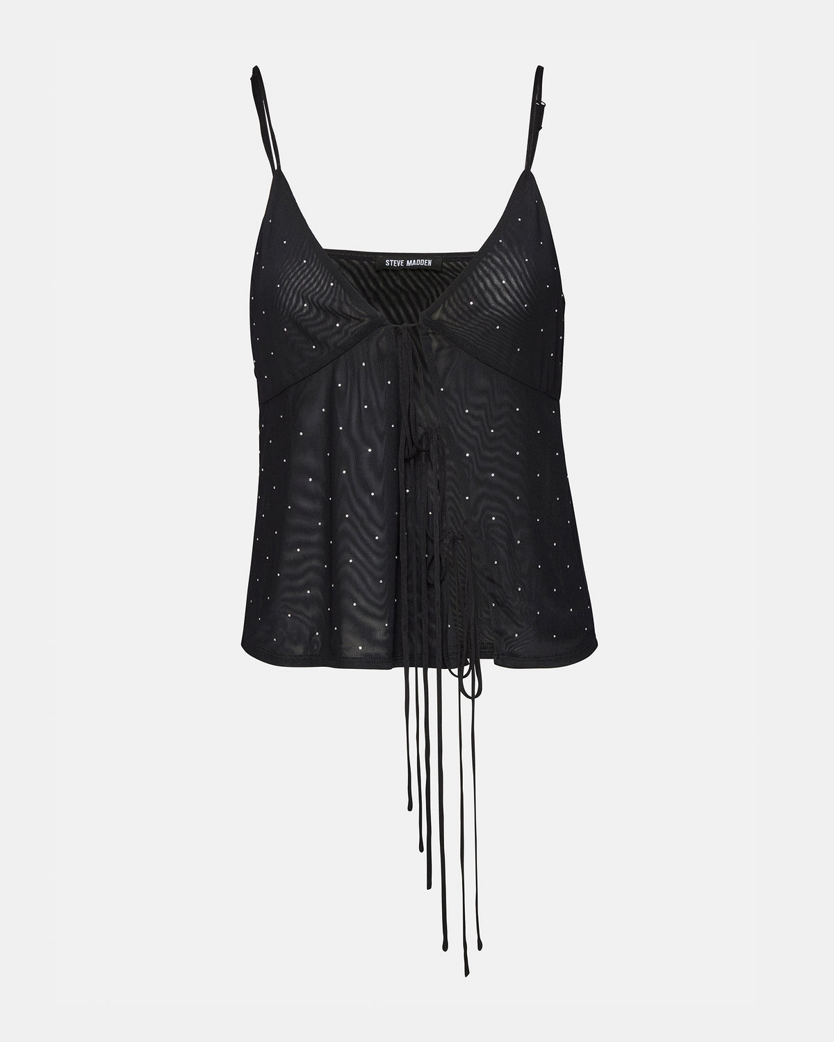 INDY Top Black | Women's Tie Fastening Rhinestone Camisole Tank Top | Steve Madden Great Value