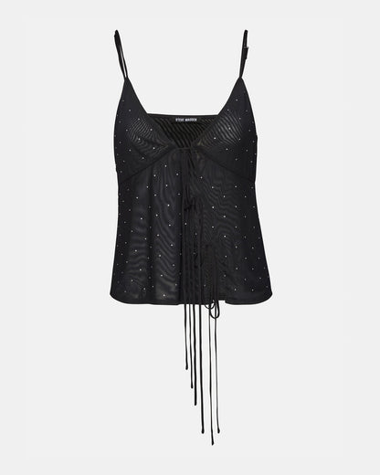INDY Top Black | Women's Tie Fastening Rhinestone Camisole Tank Top | Steve Madden Great Value