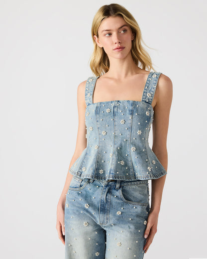PENELOPI Denim Ruffle Fabric Pearl Embellished Women's Tank Top | Steve Madden Best Seller