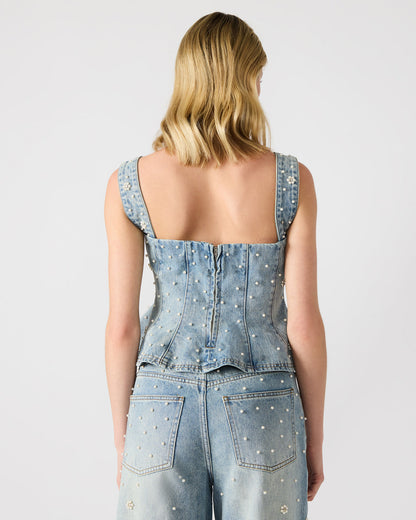 PENELOPI Denim Ruffle Fabric Pearl Embellished Women's Tank Top | Steve Madden Best Seller