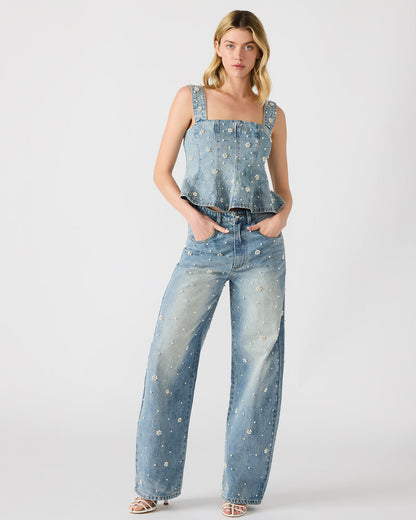 PENELOPI Denim Ruffle Fabric Pearl Embellished Women's Tank Top | Steve Madden Best Seller