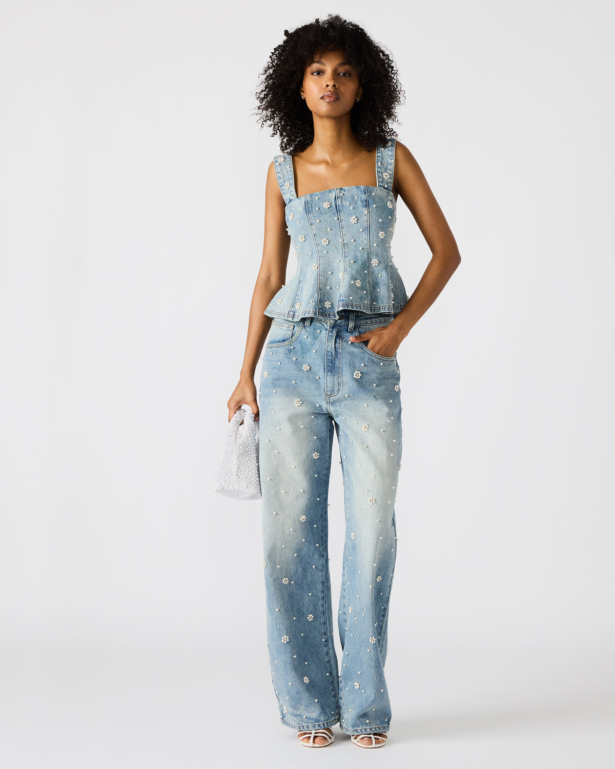 PENELOPI Denim Ruffle Fabric Pearl Embellished Women's Tank Top | Steve Madden Best Seller